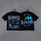 HVM Harmony Blue Thunder Figure Black Double‑Sided Graphic Print Crew Neck Streetwear T‑Shirt