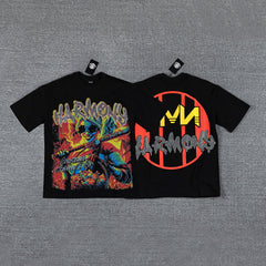 HVM Harmony Multicolor Chaos Figure Black Double‑Sided Graphic Print Crew Neck Streetwear T‑Shirt