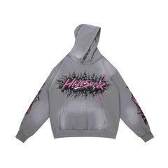 Y2K Gothic Street‑Wear Grey Hoodie Double‑Sided Graphic Drawstring Pullover