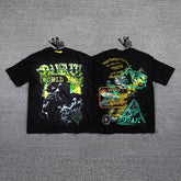 HVM Harmony Neon Green Abstract Figure Black Double‑Sided Graphic Print Crew Neck Streetwear T‑Shirt