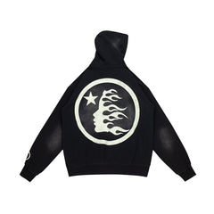 Retro Distressed Print Loose Fit Streetwear Black Hoodie