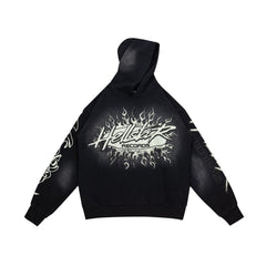 Dark Street‑Style Back Flame‑Star Graphic Oversized Hooded Sweatshirt