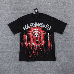 HVM Harmony Red Dark Portrait Black Double‑Sided Graphic Print Crew Neck Streetwear T‑Shirt