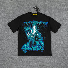 Cyan Lightning Cross Double‑Sided Graphic Print Crew Neck Streetwear T‑Shirt