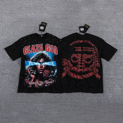 Glazagod Red Portrait Totem Double‑Sided Graphic Print Crew Neck Streetwear T‑Shirt