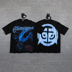 Glazagod Blue Abstract Demon Mask Double‑Sided Graphic Print Crew Neck Streetwear T‑Shirt