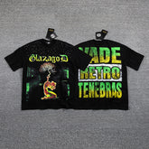 Glazagod Green‑Yellow "VADE RETRO TENEBRAS" Double‑Sided Graphic Print Crew Neck Streetwear T‑Shirt