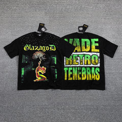 Glazagod Green‑Yellow "VADE RETRO TENEBRAS" Double‑Sided Graphic Print Crew Neck Streetwear T‑Shirt