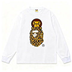 BAPE Style Baby Milo on Leopard Camo Ape Head Long-Sleeve Tee - White/Leopard