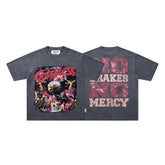 Washed Black Eagle No Mercy Double‑Sided Graphic Print Crew Neck Streetwear T‑Shirt