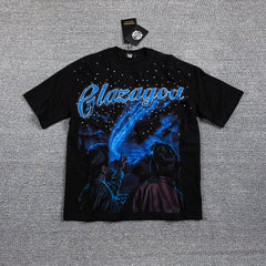 Glazagod Blue Abstract Demon Mask Double‑Sided Graphic Print Crew Neck Streetwear T‑Shirt