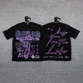 Glazagod Purple Gothic Double‑Sided Graphic Print Crew Neck Streetwear T‑Shirt