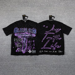 Glazagod Purple Gothic Double‑Sided Graphic Print Crew Neck Streetwear T‑Shirt