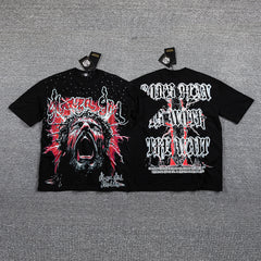 Red Thorn Screaming Portrait Double‑Sided Graphic Print Crew Neck Streetwear T‑Shirt