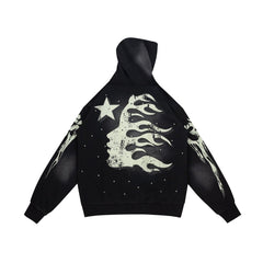 Street‑Wear Oversized Hoodie Retro Cream Graphic Print Drawstring Hood