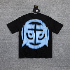 Glazagod Blue Abstract Demon Mask Double‑Sided Graphic Print Crew Neck Streetwear T‑Shirt