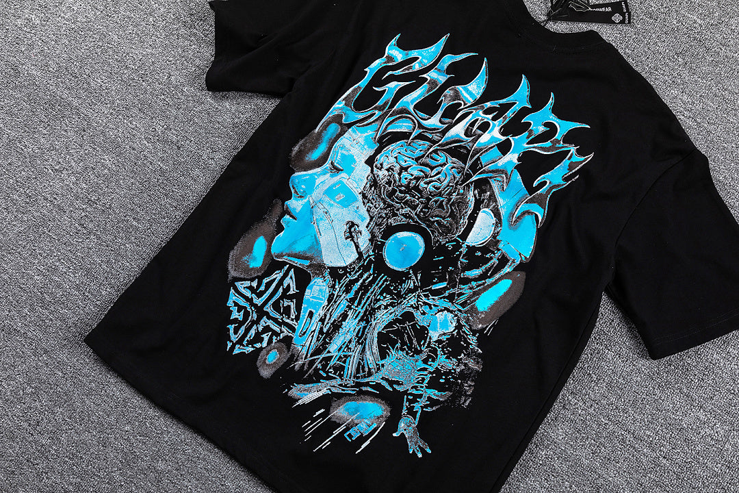 Blue Cyan Skull Demon Double‑Sided Graphic Print Crew Neck Streetwear T‑Shirt