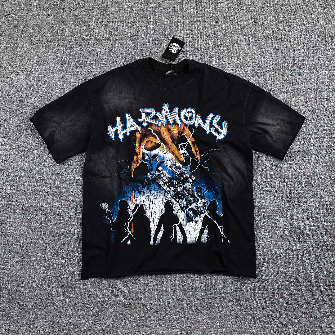 HVM Harmony Dark Rock Figure Black Tie‑Dye Double‑Sided Graphic Print Crew Neck Streetwear T‑Shirt