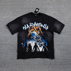 HVM Harmony Dark Rock Figure Black Tie‑Dye Double‑Sided Graphic Print Crew Neck Streetwear T‑Shirt