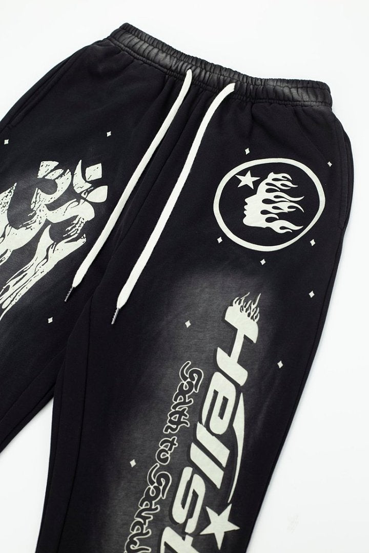 Street Style Skull Letter Print Elastic Waist Flared Pants