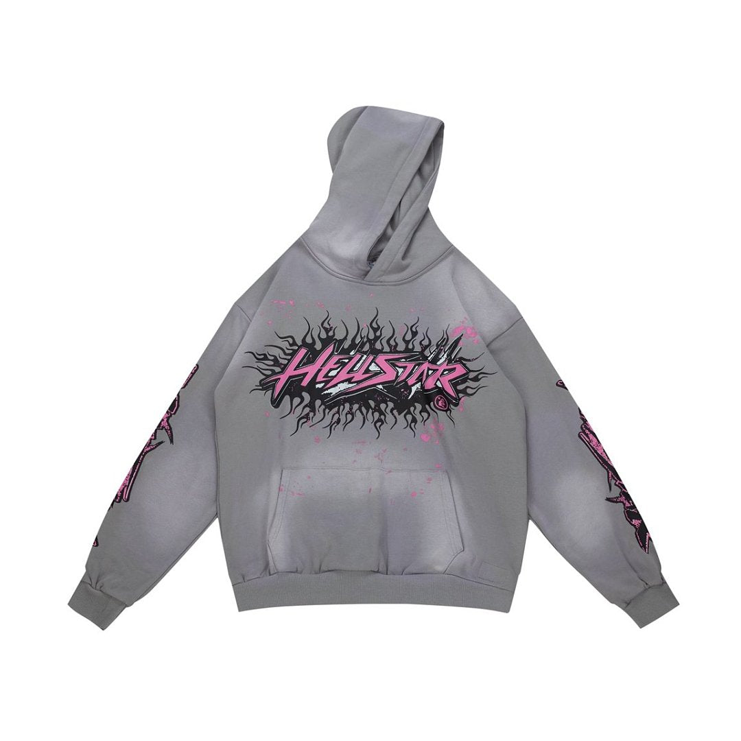 Y2K Gothic Street‑Wear Grey Hoodie Double‑Sided Graphic Drawstring Pullover
