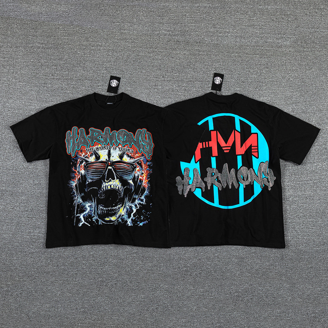 HVM Harmony Skull Monster Black Double‑Sided Graphic Print Crew Neck Streetwear T‑Shirt