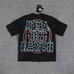 Glazagod Black Retro Fire Earth Gothic Graphic Print Crew Neck Streetwear T‑Shirt