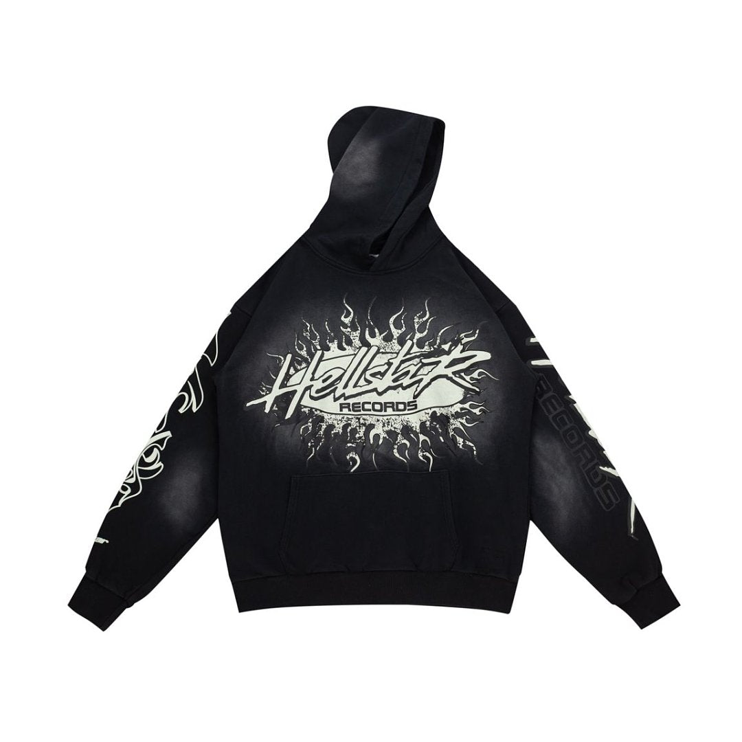Dark Street‑Style Back Flame‑Star Graphic Oversized Hooded Sweatshirt
