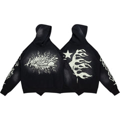 Dark Street‑Style Back Flame‑Star Graphic Oversized Hooded Sweatshirt