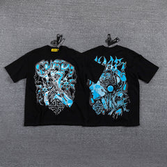 Blue Cyan Skull Demon Double‑Sided Graphic Print Crew Neck Streetwear T‑Shirt