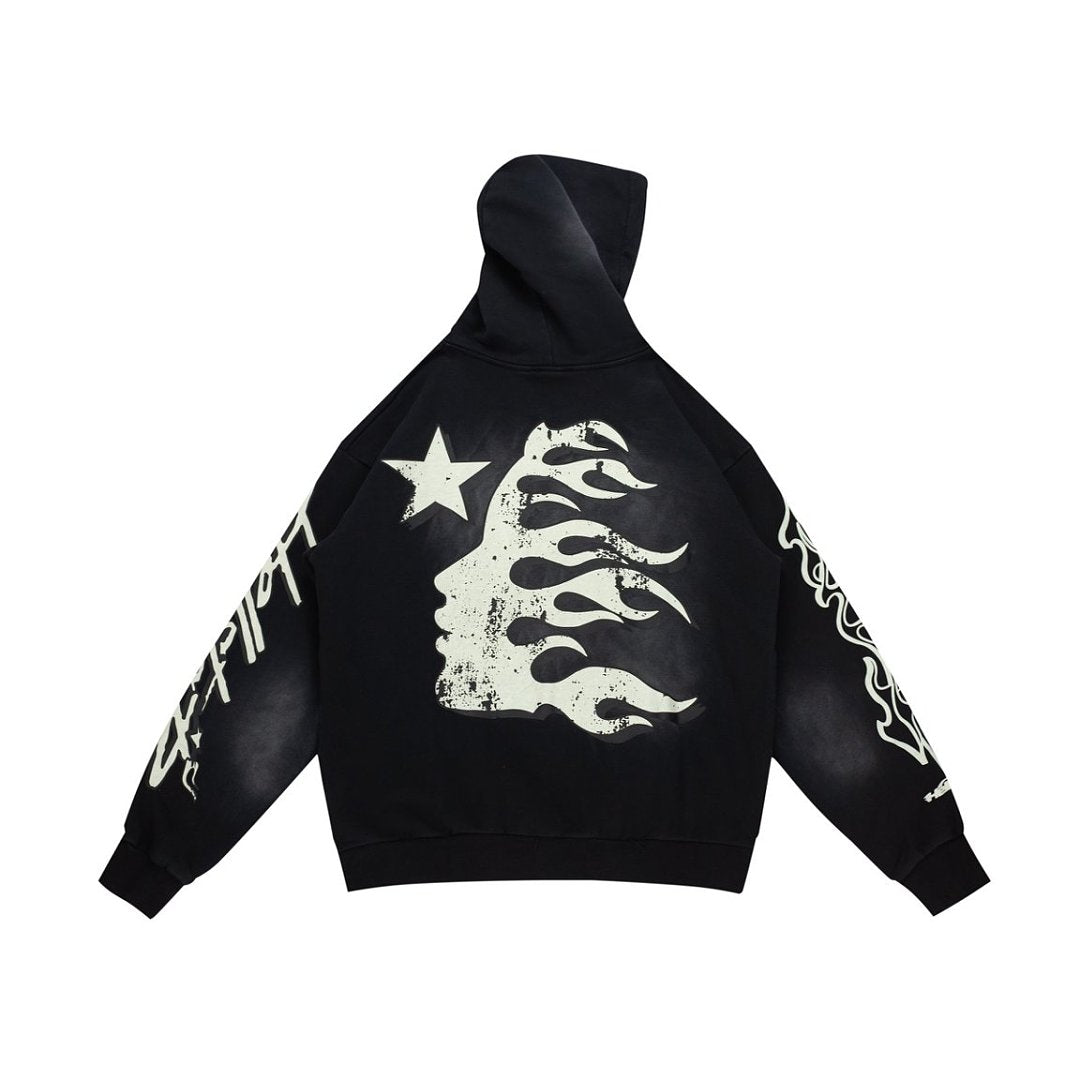 Dark Street‑Style Back Flame‑Star Graphic Oversized Hooded Sweatshirt