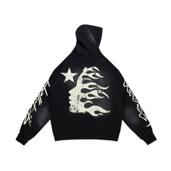 Dark Street‑Style Back Flame‑Star Graphic Oversized Hooded Sweatshirt