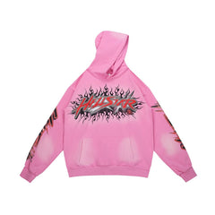 Pink Hellstar Flame‑Star Graphic Oversized Pullover Street‑Wear Hoodie