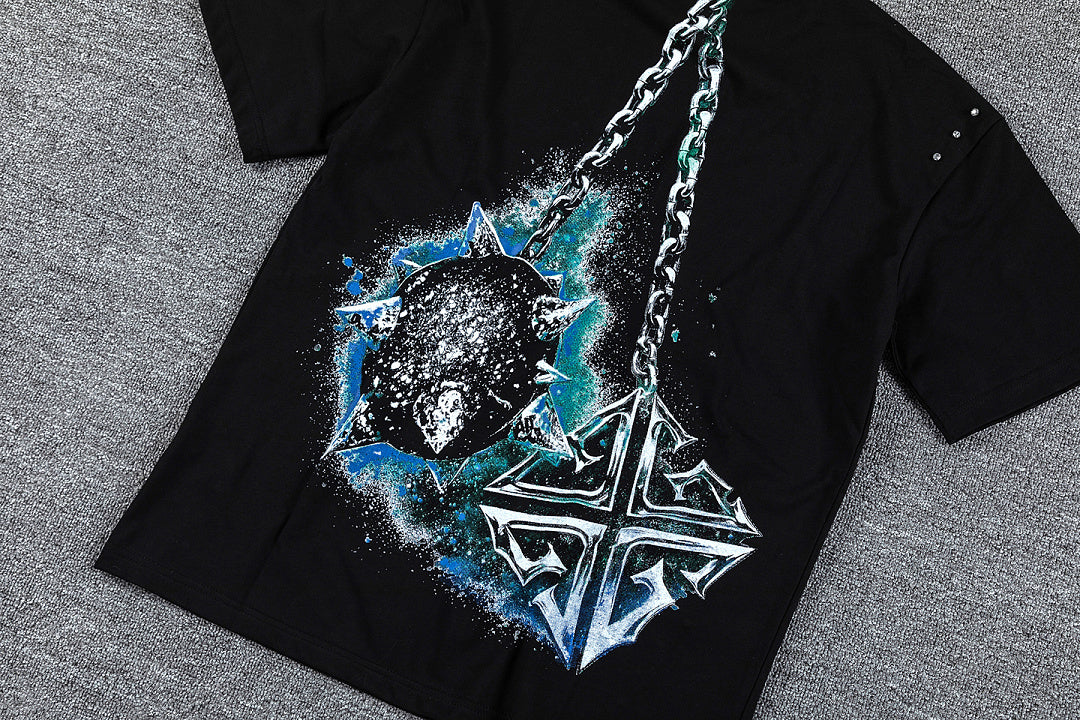 Planet Chain Double‑Sided Graphic Print Crew Neck Streetwear T‑Shirt