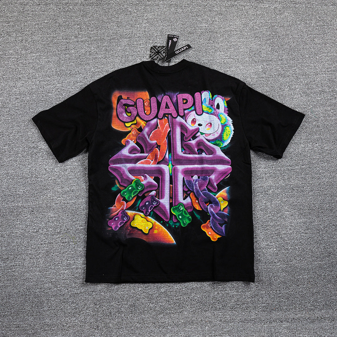 HVM Harmony Psychedelic Cartoon Character Black Double‑Sided Graphic Print Crew Neck Streetwear T‑Shirt