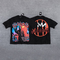 HVM Harmony Fiery Neon Figure Black Double‑Sided Graphic Print Crew Neck Streetwear T‑Shirt