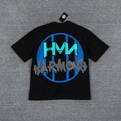 HVM Harmony Blue Thunder Figure Black Double‑Sided Graphic Print Crew Neck Streetwear T‑Shirt