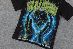 Glazagod Blue Fire Earth Double‑Sided Graphic Print Crew Neck Streetwear T‑Shirt