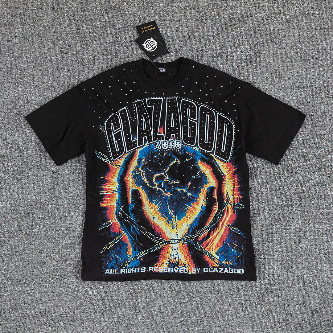 Glazagod Black Retro Fire Earth Gothic Graphic Print Crew Neck Streetwear T‑Shirt