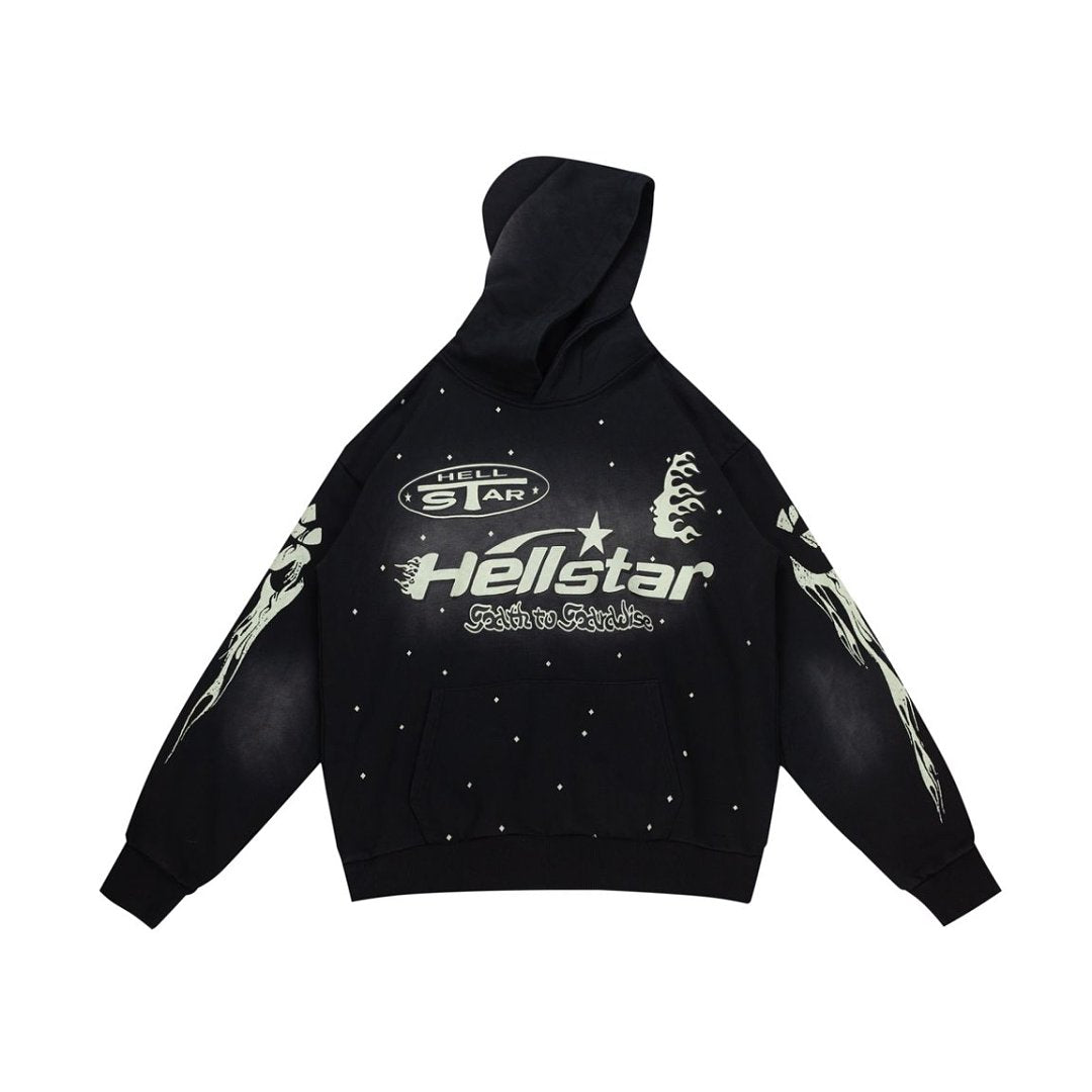 Street‑Wear Oversized Hoodie Retro Cream Graphic Print Drawstring Hood
