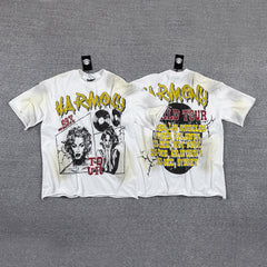 HVM Harmony Vintage Tour Portrait Tie‑Dye White Double‑Sided Graphic Print Crew Neck Streetwear T‑Shirt