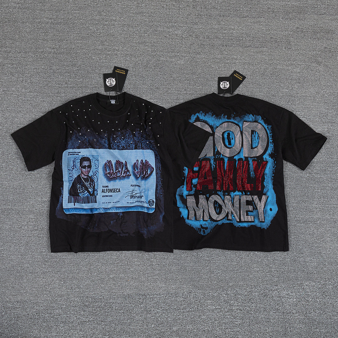 God Family Money Double‑Sided Portrait Graphic Print Crew Neck Streetwear T‑Shirt