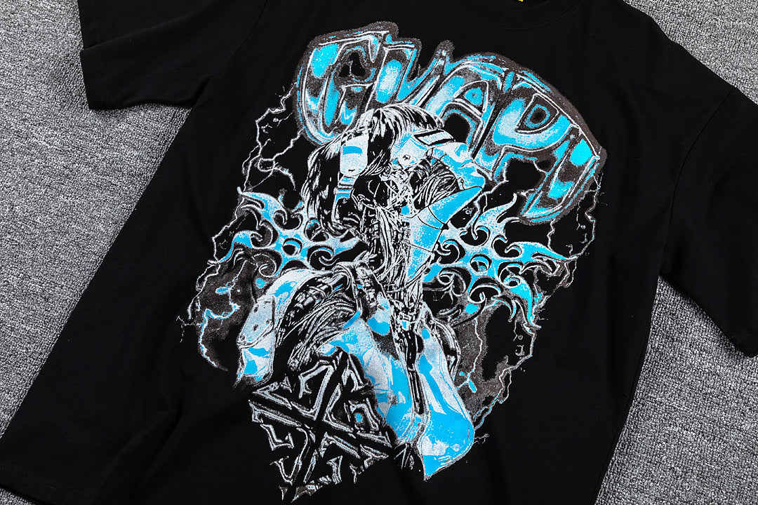 Blue Cyan Skull Demon Double‑Sided Graphic Print Crew Neck Streetwear T‑Shirt