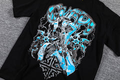 Blue Cyan Skull Demon Double‑Sided Graphic Print Crew Neck Streetwear T‑Shirt