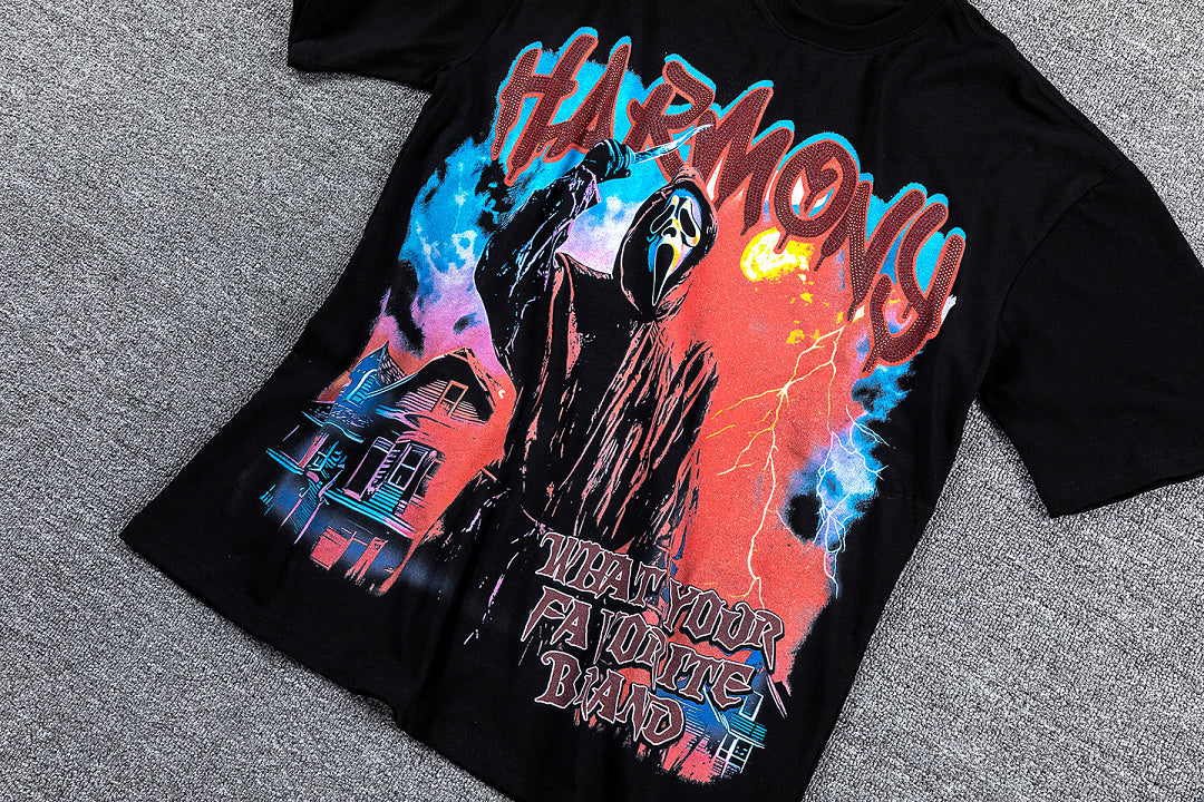 HVM Harmony Fiery Neon Figure Black Double‑Sided Graphic Print Crew Neck Streetwear T‑Shirt