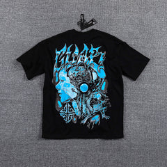 Blue Cyan Skull Demon Double‑Sided Graphic Print Crew Neck Streetwear T‑Shirt