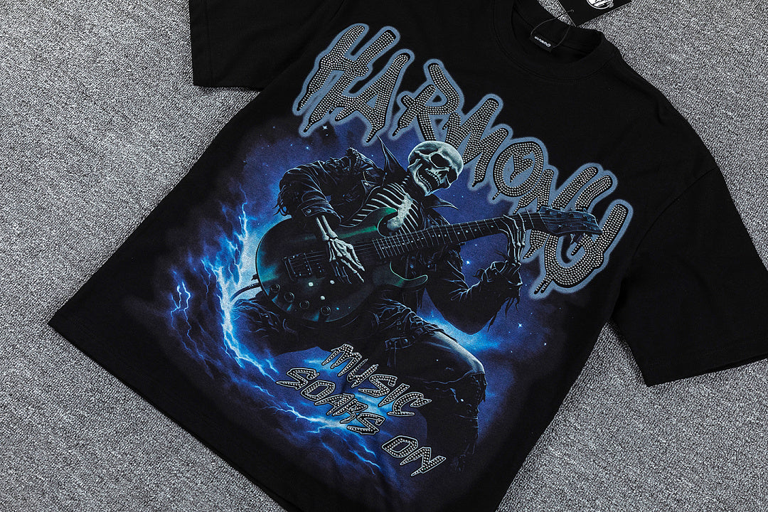 HVM Harmony Blue Thunder Figure Black Double‑Sided Graphic Print Crew Neck Streetwear T‑Shirt