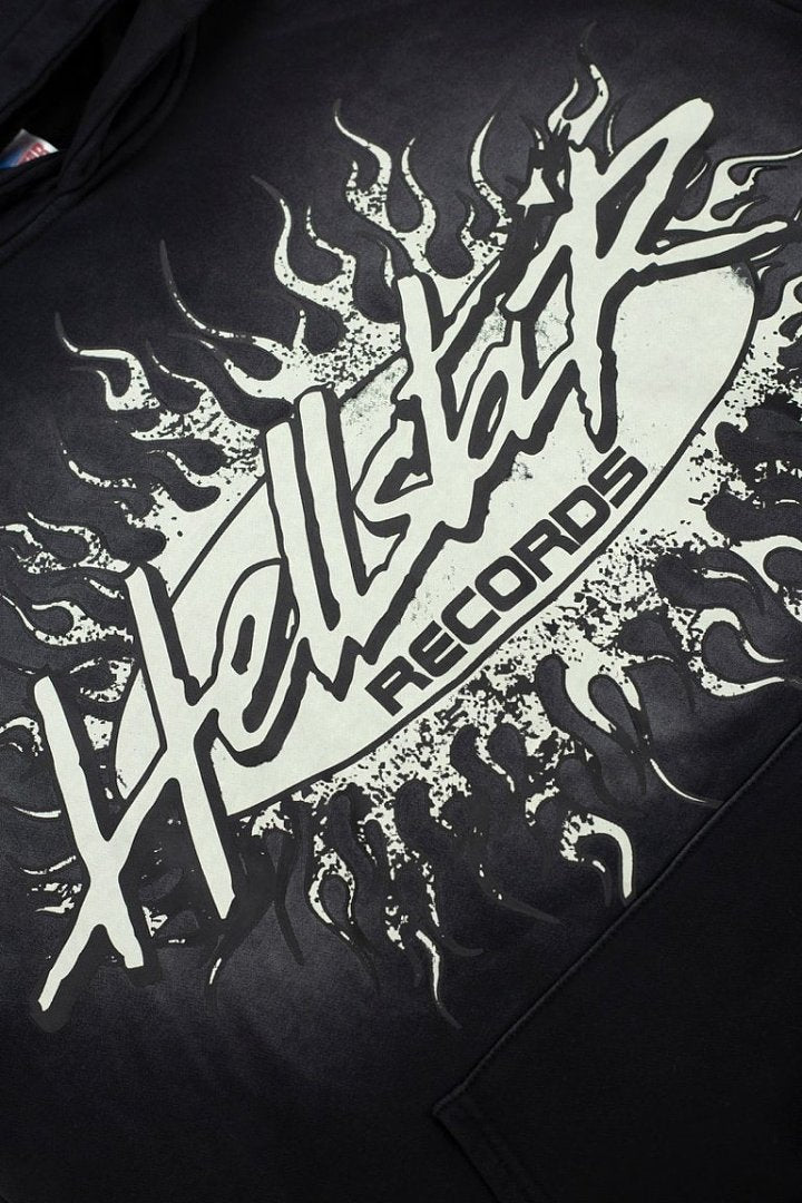 Dark Street‑Style Back Flame‑Star Graphic Oversized Hooded Sweatshirt