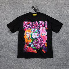 HVM Harmony Psychedelic Cartoon Character Black Double‑Sided Graphic Print Crew Neck Streetwear T‑Shirt