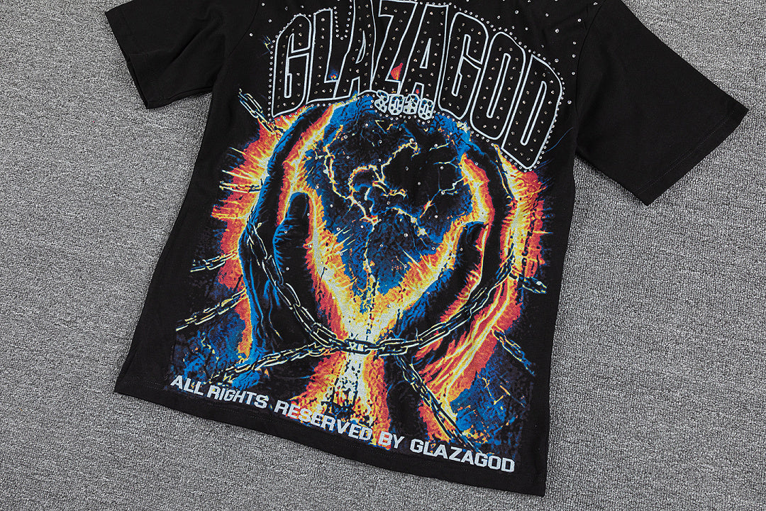 Glazagod Black Retro Fire Earth Gothic Graphic Print Crew Neck Streetwear T‑Shirt